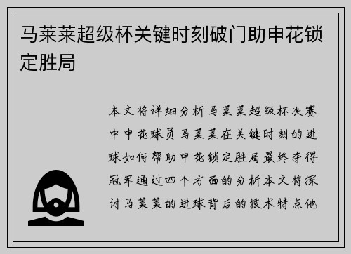 马莱莱超级杯关键时刻破门助申花锁定胜局 马莱莱超级杯关键时刻破门助申花锁定胜局